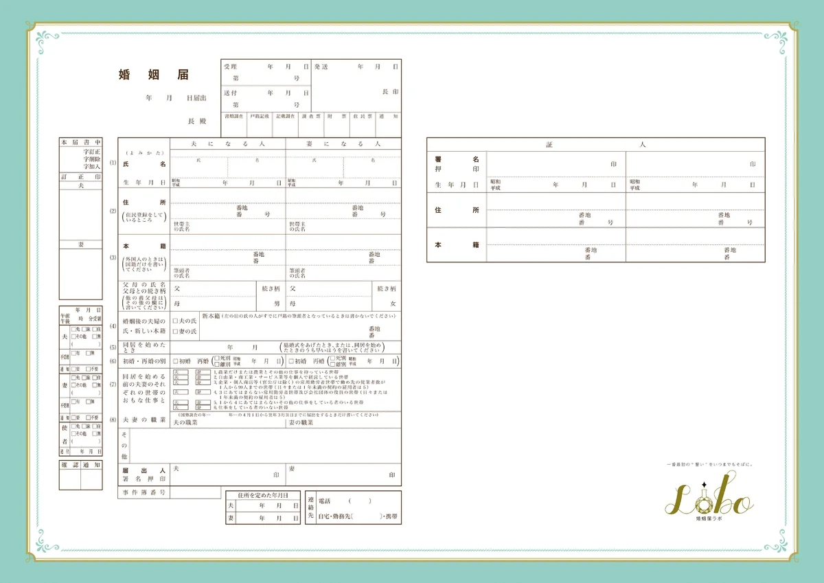 ミントのマカロンカラー婚姻届PDFプレビュー